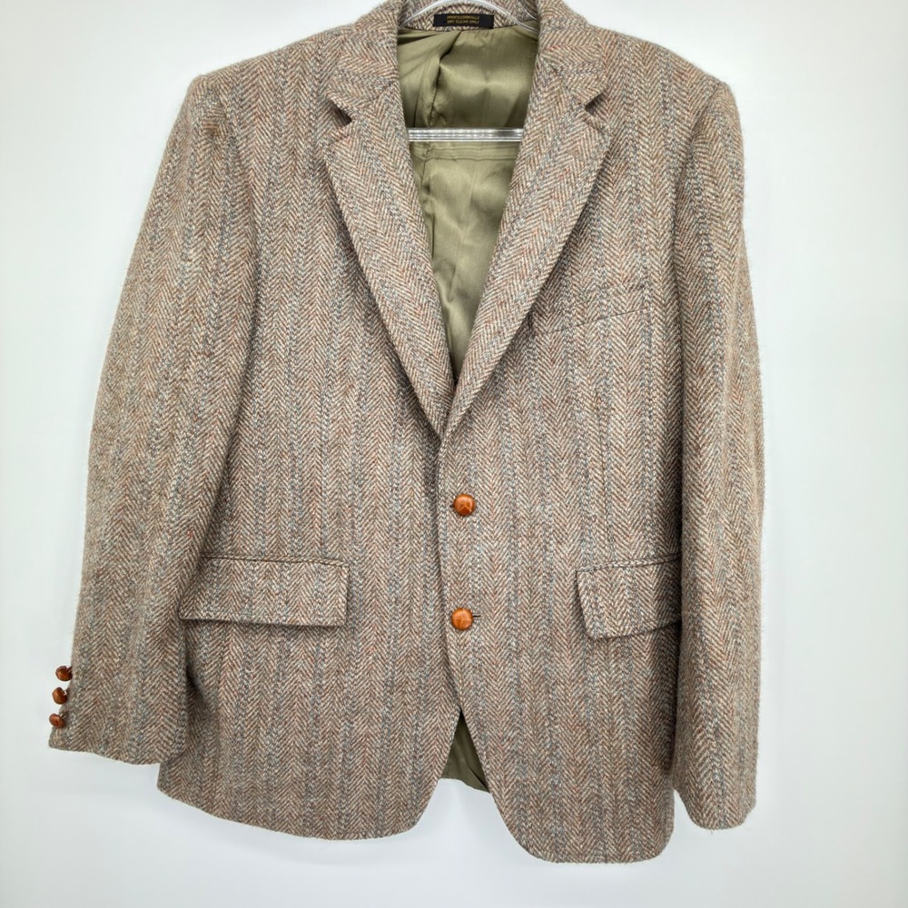 Harris Tweed 100% Pure Scottish Wool Sport Coat Blazer 42R Brown Herringbone USA